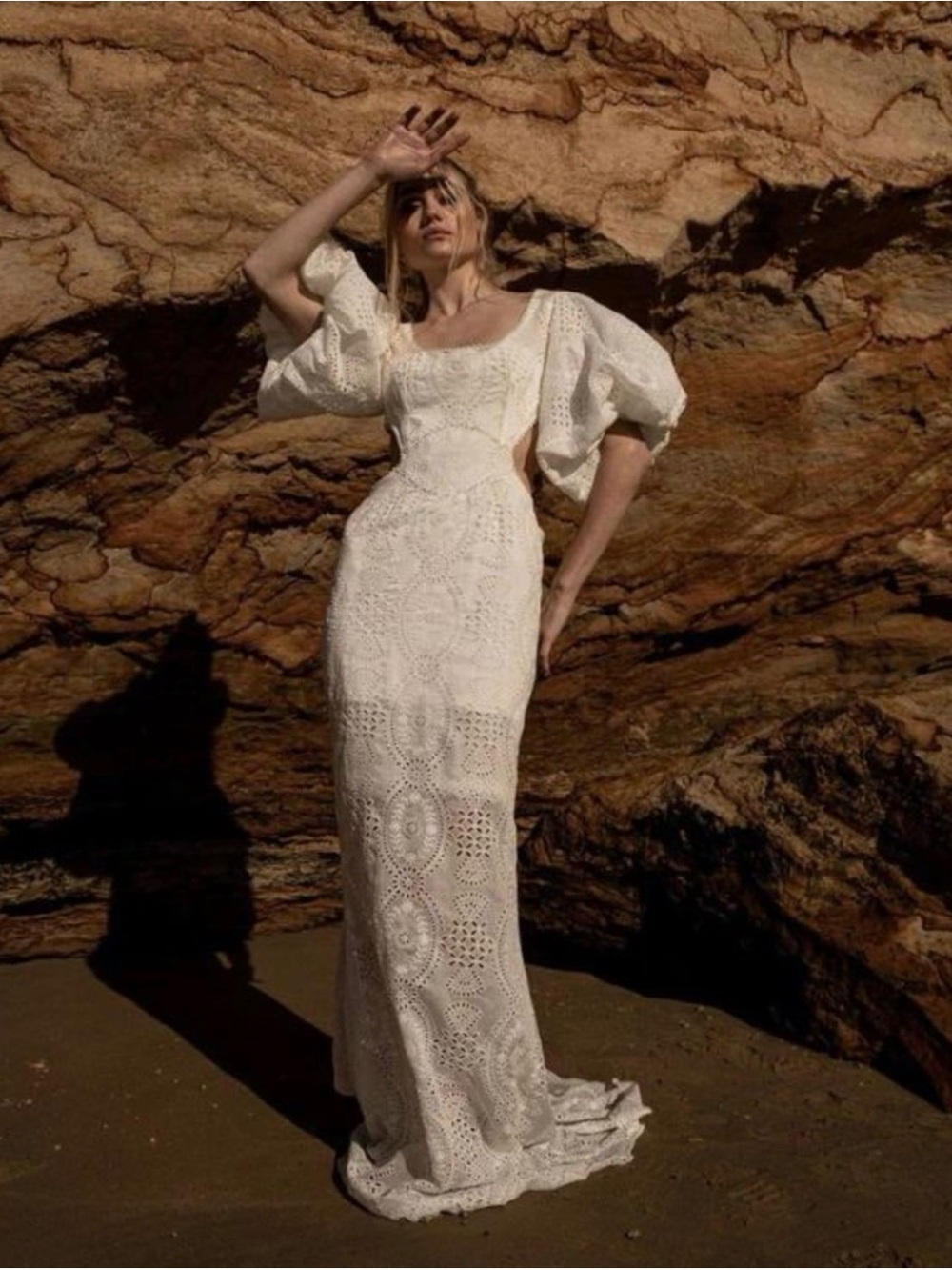 Helen O'Connor Treasured Wedding Dress 2 White Eyelet Puff Sleeve Mermaid Gown